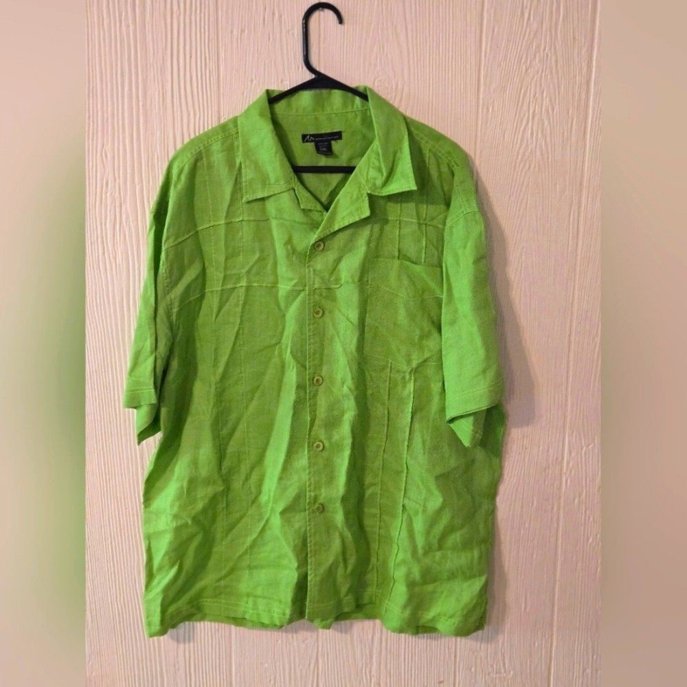 Members Property Green Men's 100% Linen Button Up Short Size 2XL